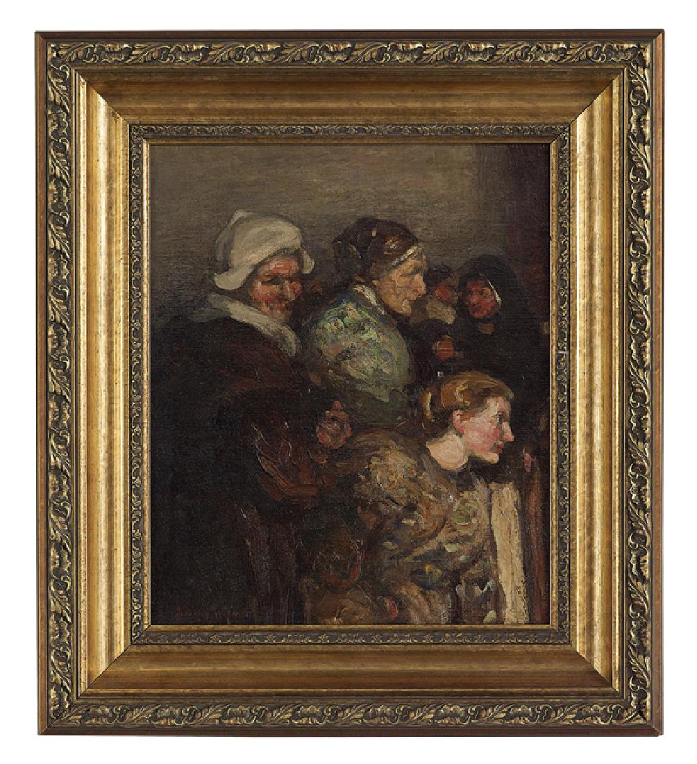 Augustus Koopman (American, 1869-1914): Augustus Koopman (American, 1869-1914), "Women in Marketplace, Etaples, France", oil on canvas, signed lower left, 18" x 15". Framed. Exhibited: Isaac Delgado Museum of Art, New Orleans, Louisiana, Ma