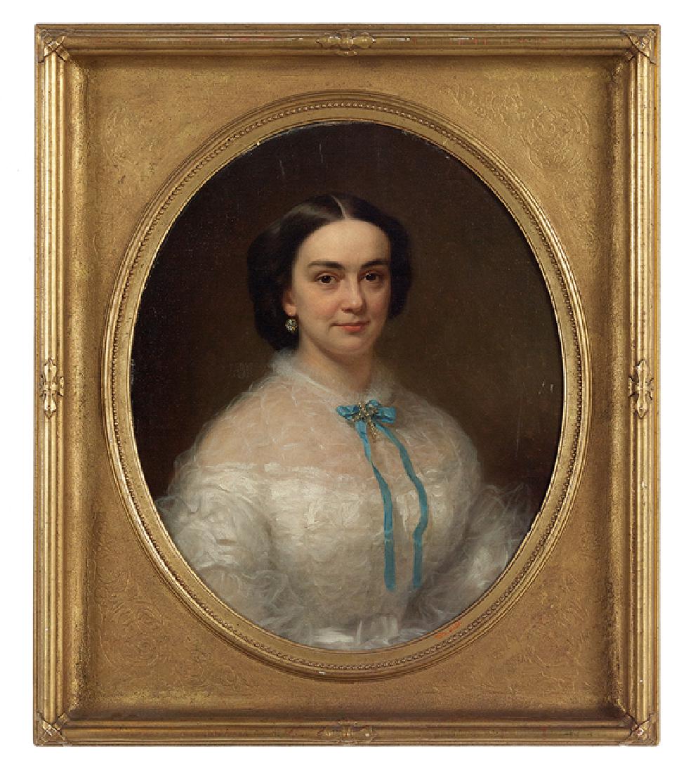 American School (19th Century): American School (19th Century), "Portrait of a Lady in a White Lace Dress", oil on canvas, unsigned, handwritten inscription "Theodore Kelley, Artist's Color Man, No. 172 Gremont (9), Street, N.Y.", 2
