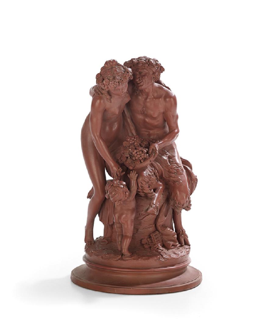 French Painted Terracotta Figural Group: French Painted Terracotta Figural Group, ca. 1900, with the figures of a satyr and bacchante feeding grapes to a child, after Claude Michel, known as Clodion (French, 1738-1814), handsomely molded wit