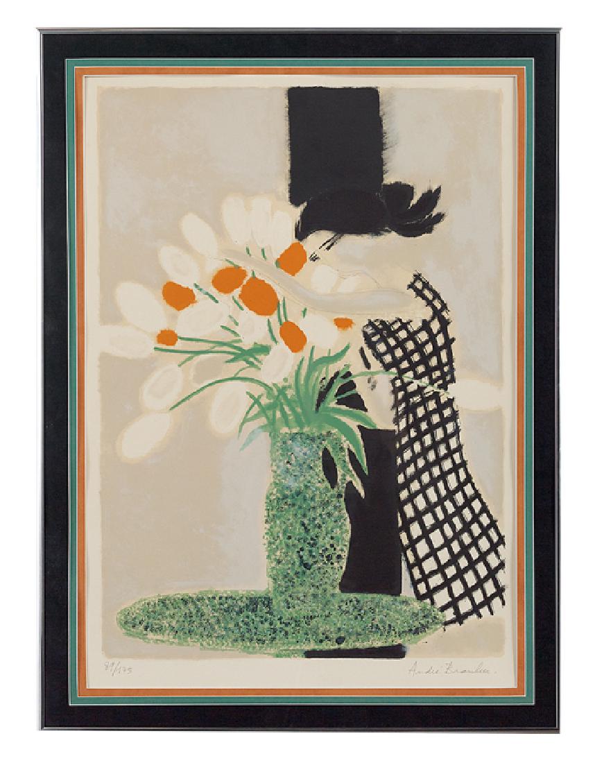 Andre Brasilier (French, b. 1929): Andre Brasilier (French, b. 1929), "Femme Avec Les Fleurs", color lithograph, pencil-signed lower right margin, numbered "89/175" lower left, sight 26-7/8" x 18-7/8". Glazed, matted and framed.