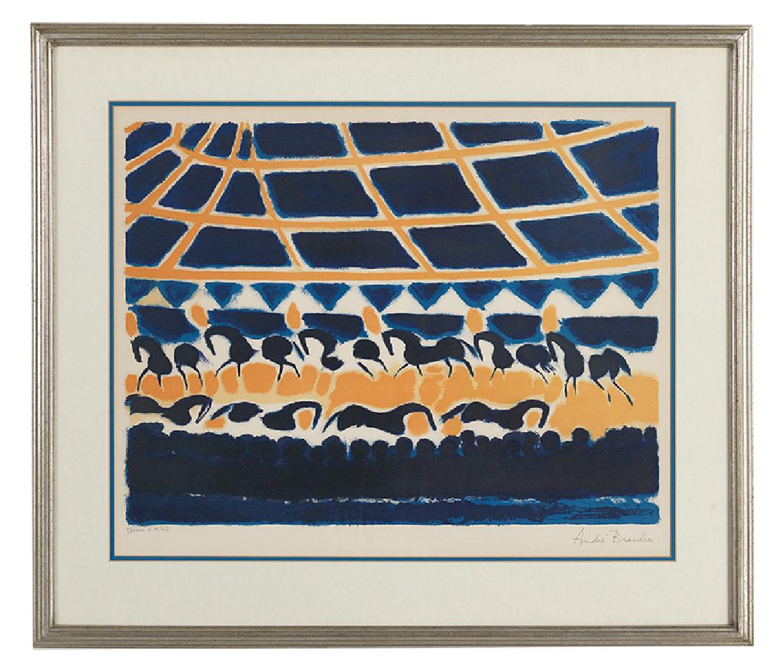 Andre Brasilier (French, b. 1929): Andre Brasilier (French, b. 1929), "Au Cirque", color lithograph, pencil-signed lower right, artist proof lower left, "Summa Gallery of Brooklyn Heights Gallery" label on framed backing, sight 21-1/4"