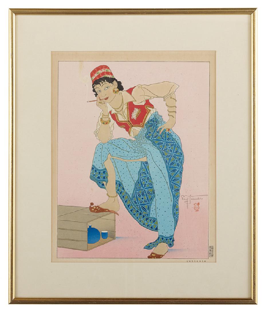 Paul Jacoulet (French/Japanese, 1902-1960): Paul Jacoulet (French/Japanese, 1902-1960), "L'Attente", "Calme Truck" and "Untitled - Pair of Portraits", three color woodblocks, the first two signed, stamped and titled, the last signed in plate an