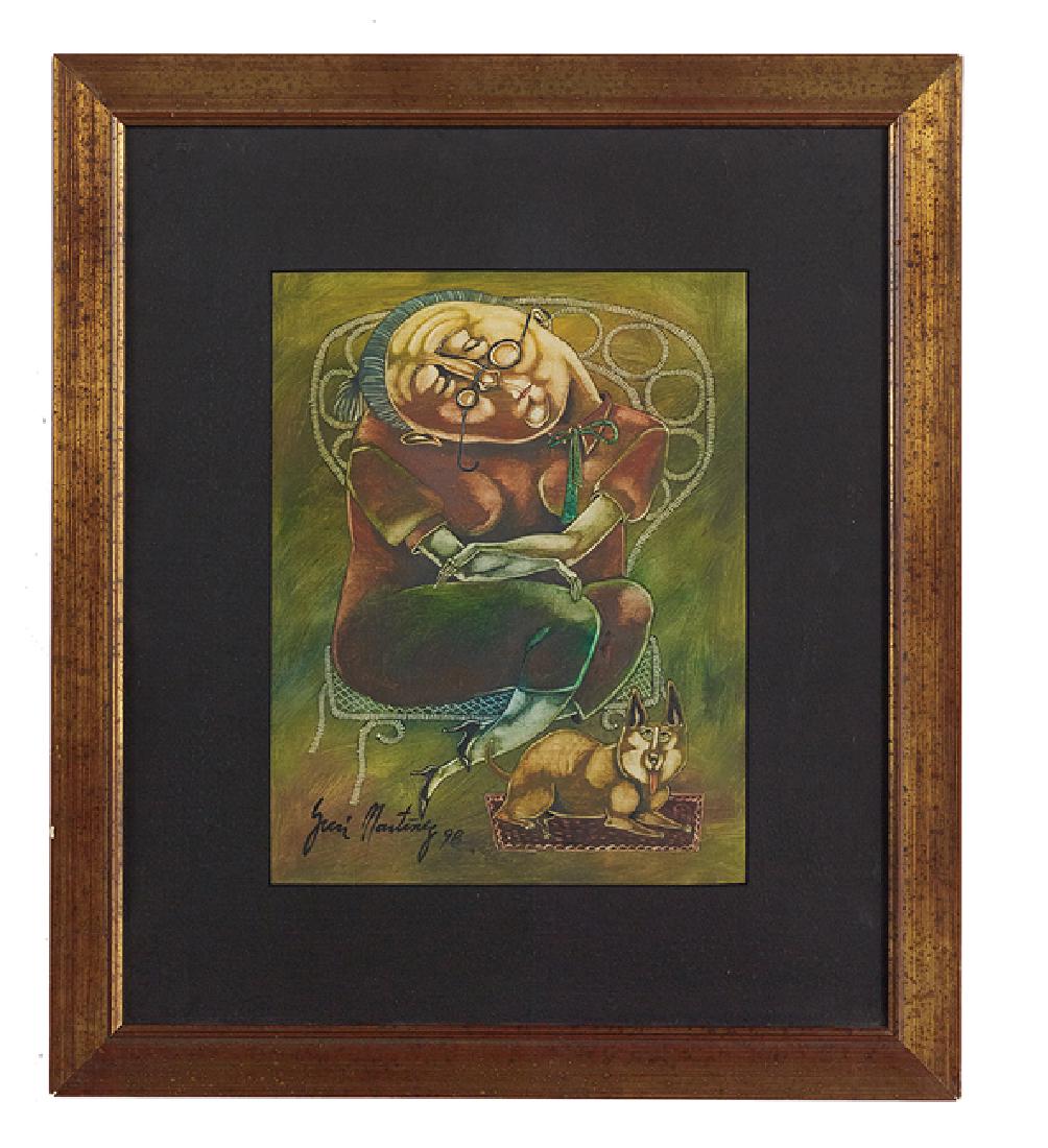 Yuri Martinez Ramos (Cuban/American, b. 1964): Yuri Martinez Ramos (Cuban/American, b. 1964), "Siesta", 1998, oil on paper, signed and dated lower left, titled en verso on label, sight 13-1/4" x 14-1/2". Glazed, matted and framed.