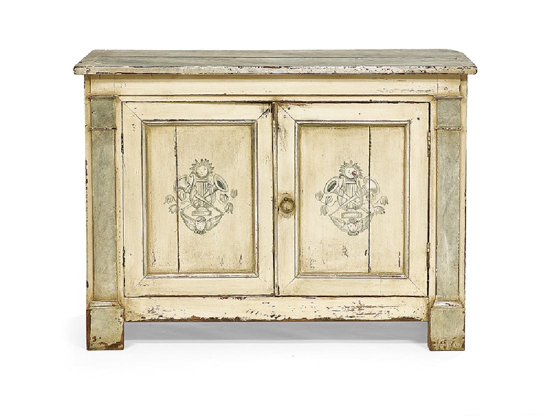 Provincial Louis-Philippe Polychromed Cabinet: Provincial Louis-Philippe Polychromed Cabinet, second quarter 19th century and later, the case with a pair of doors flanked by columnar pilasters, raised on block feet, h. 33", w. 45-1/4", d. 18".