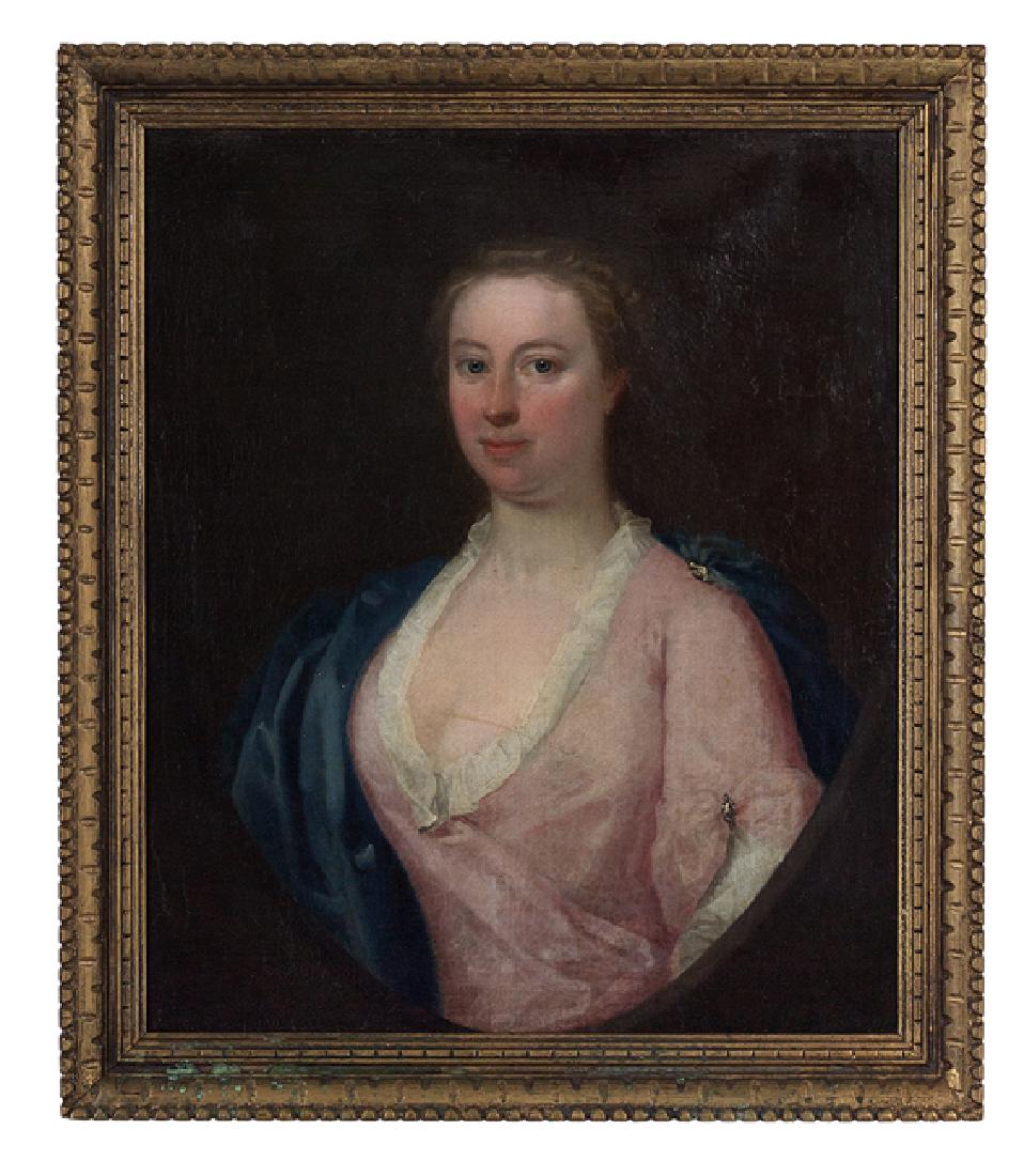 British School (19th Century): British School (19th Century), "Portrait of a Woman in Pink Silk", oil on canvas, unsigned, 30" x 25". Framed.