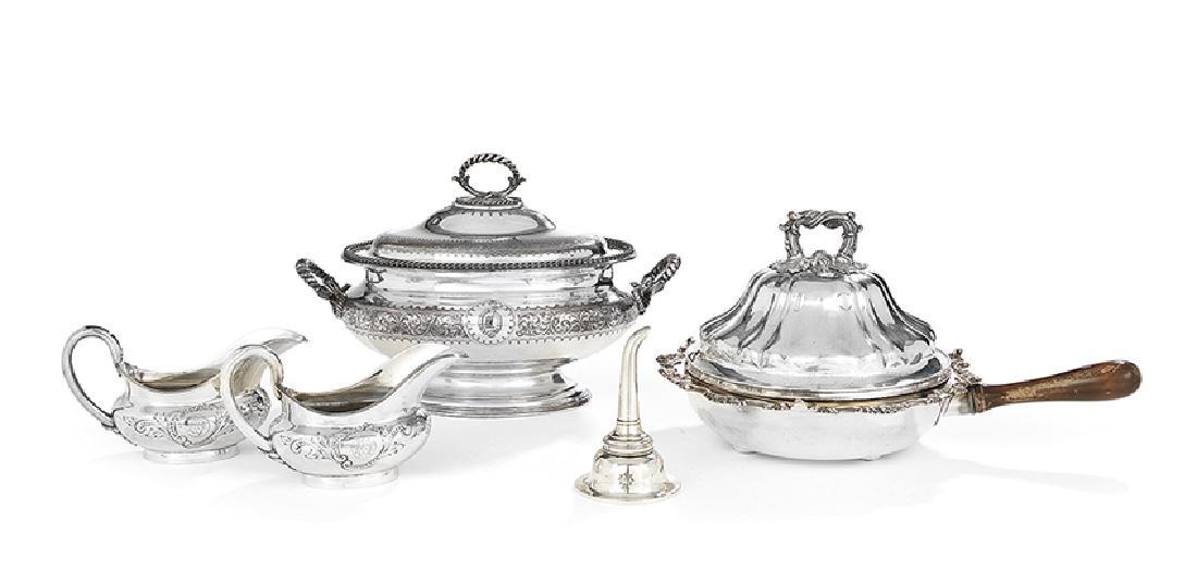 Five Pieces of Victorian Silverplate: Five Pieces of Victorian Silverplate, mid-19th century, including a fine 1860 Elkington tureen with engraved rococo scroll and applied rope-twist banding, engraved with the badge of Cameron, l. 16", a