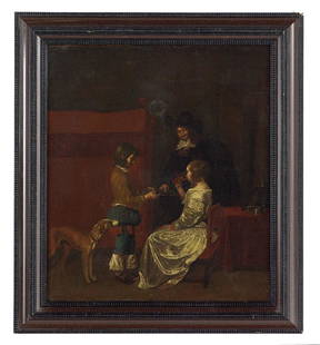 Follower of Pieter de Hooch (Dutch, 1629-1688): Follower of Pieter de Hooch (Dutch, 1629-1688), "Interior Scene with an Elegant Couple and a Servant", oil on canvas, late 19th/early 20th century, unsigned, 24-3/8" x 21-1/2". Presented in a Dutch Ba