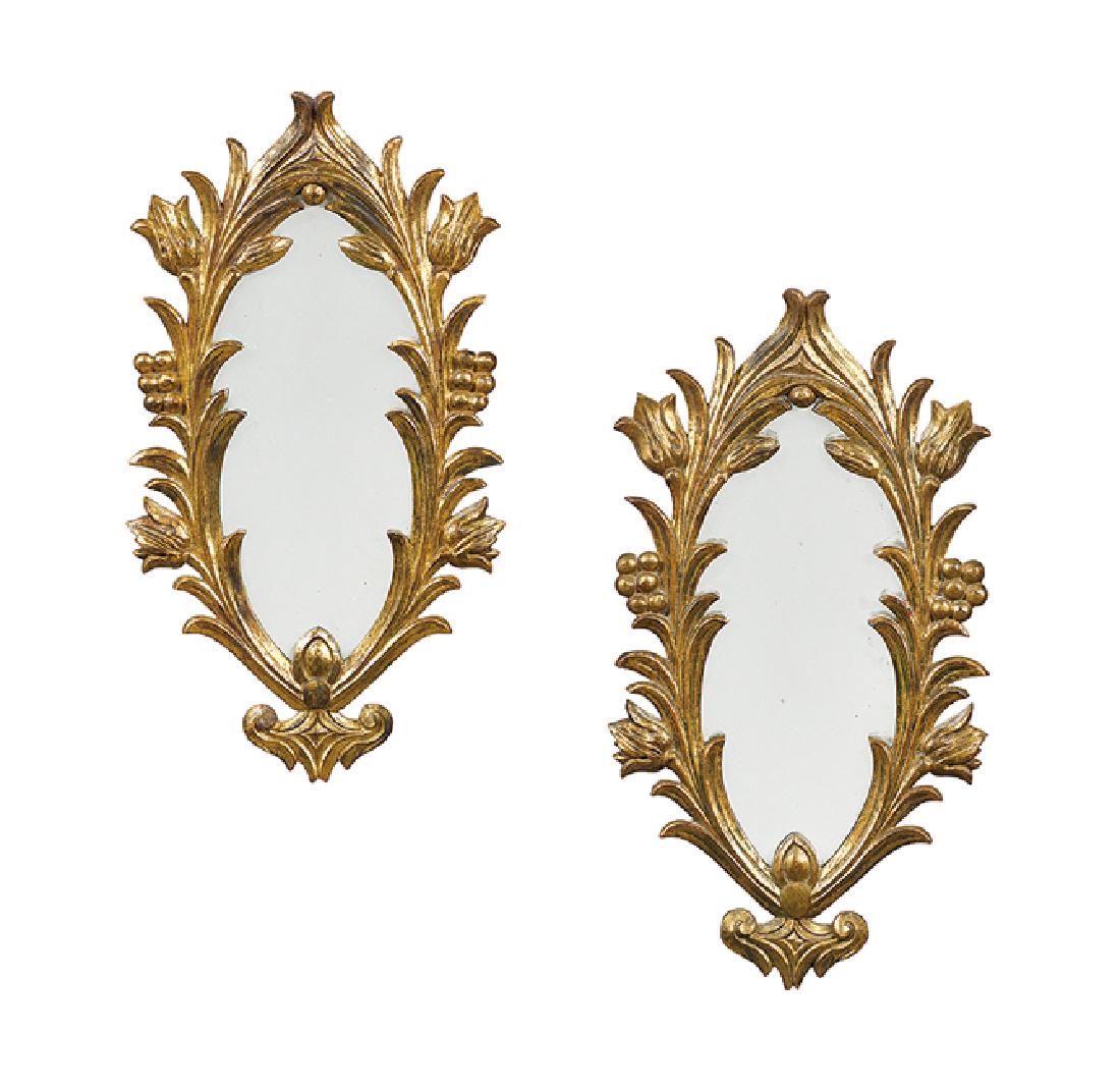 Pair of Italian Giltwood Looking Glasses: Pair of Italian Giltwood Looking Glasses, mid-20th century, in the rococo taste, one retaining the paper label of "Palladio, Italy", h. 23-1/4", w. 13".