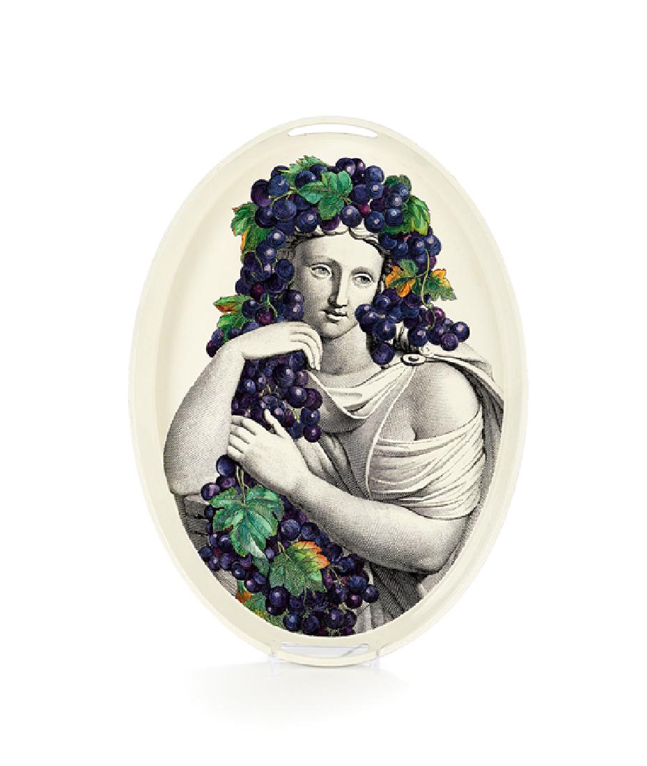 Piero Fornasetti (Italian, 1913-1988) Tole Tray: Piero Fornasetti (Italian, 1913-1988) Tole Tray, 20th century, decorated with a wine goddess, labeled "Fornasetti-Milano, Made in Italy", h. 1-1/2", w. 18-1/2", d. 14-1/4".