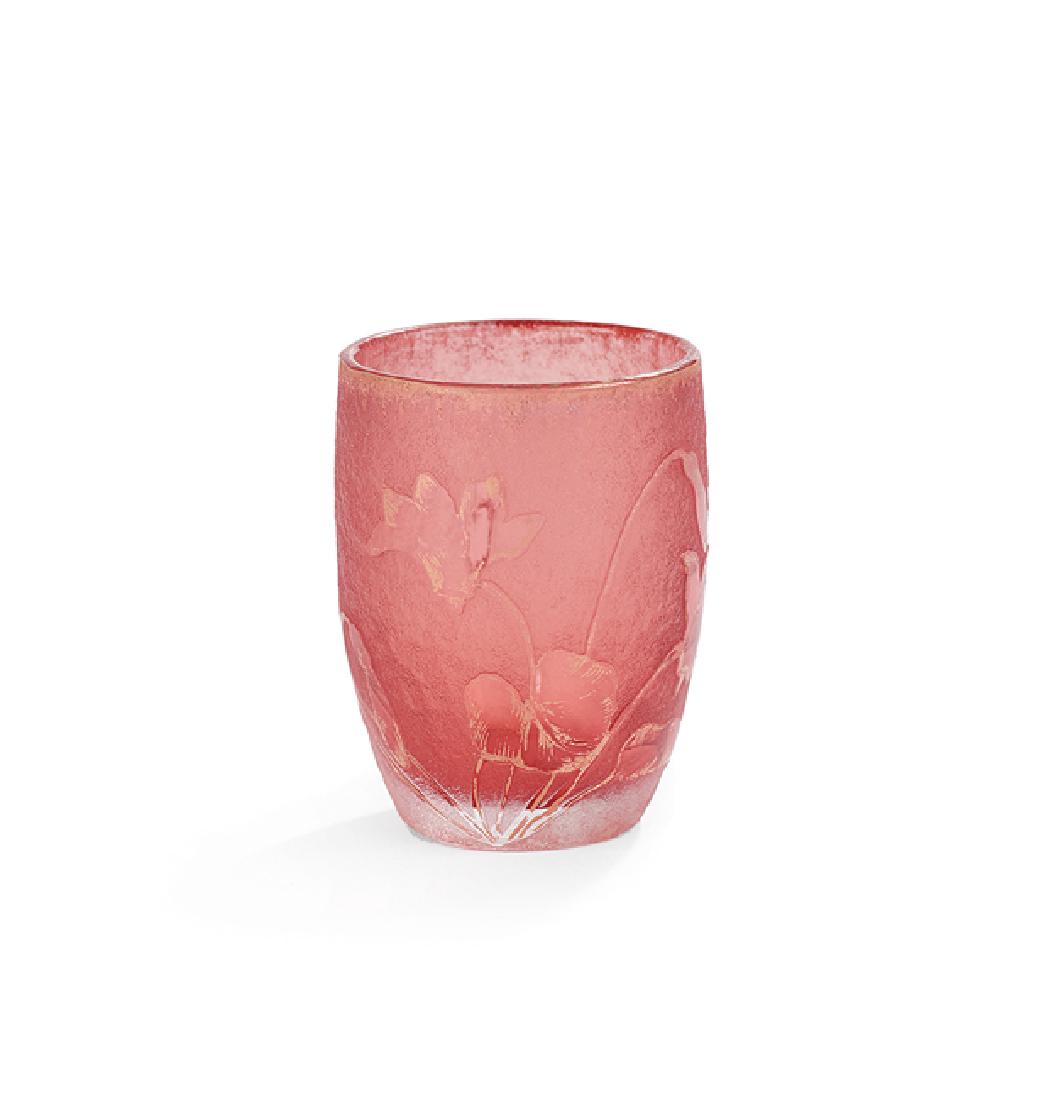 Daum Nancy Gilt-Trimmed Glass Toothpick Holder: Daum Nancy Etched and Gilt-Trimmed Glass Toothpick Holder, first quarter 20th century, French, the pink holder decorated with cut, raised flowers and leaves against an etched ground, signed "Daum Nanc