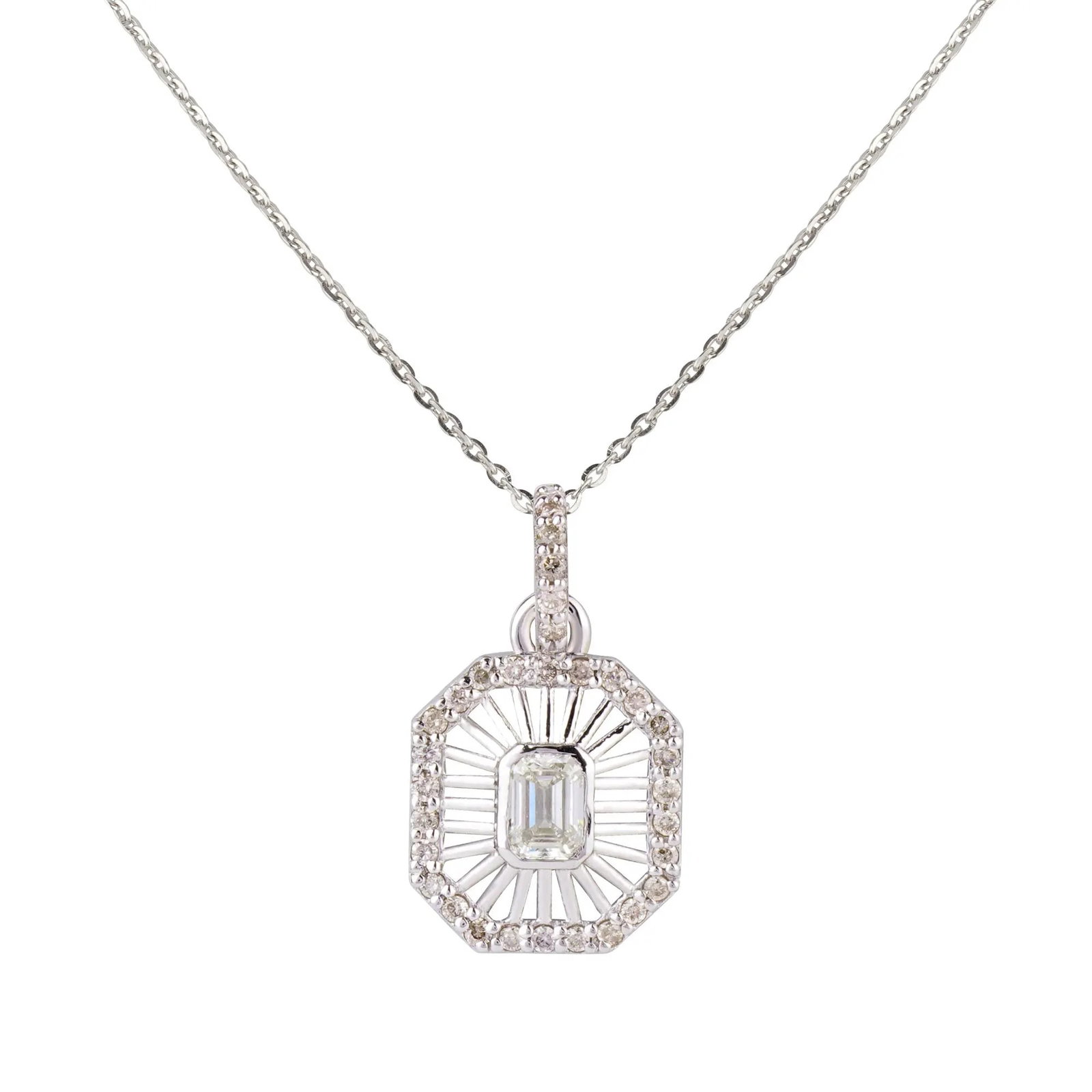 14K white gold pendant set with one natural diamond accented by 33 natural diamonds: A timeless diamond necklace designed in a classic and luxurious designTotal item weight: 11.91 CaratsMetal: 14K/585 Weight GoldMetal Weight: 2.33 grCondition:NewFinish: PolishedSetting technique: Beze