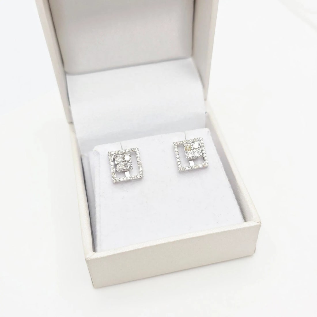 Sparkly Chic Square-Shaped Diamond Earrings 0.48ct 14K White Gold: Handmade 14K white gold diamond earrings with 0.48ct natural diamonds sparkling, radiant, and perfect for everyday elegance or a luxury gift.Dazzling, elegant, and handcrafted, these 14K white gold ea