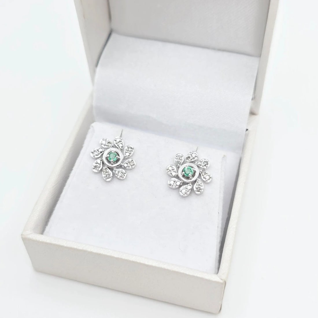 Emerald & Diamond Earrings 0.39ct 14K White Gold | Handmade Natural Gemstone Studs | Whimsical Fine (1 of 10)