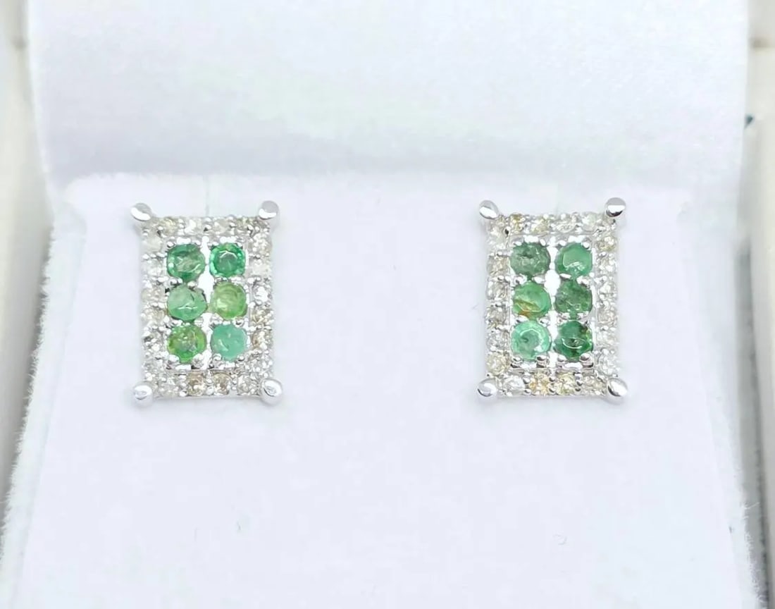 Enchanting 0.66ct Emerald & Diamond Earrings in 14K White Gold - Natural: Graceful cluster earrings handcrafted in 14K white gold, featuring natural emeralds accented with sparkling diamonds. A fresh, elegant pop of color for everyday luxury.A bright, graceful touch of colo