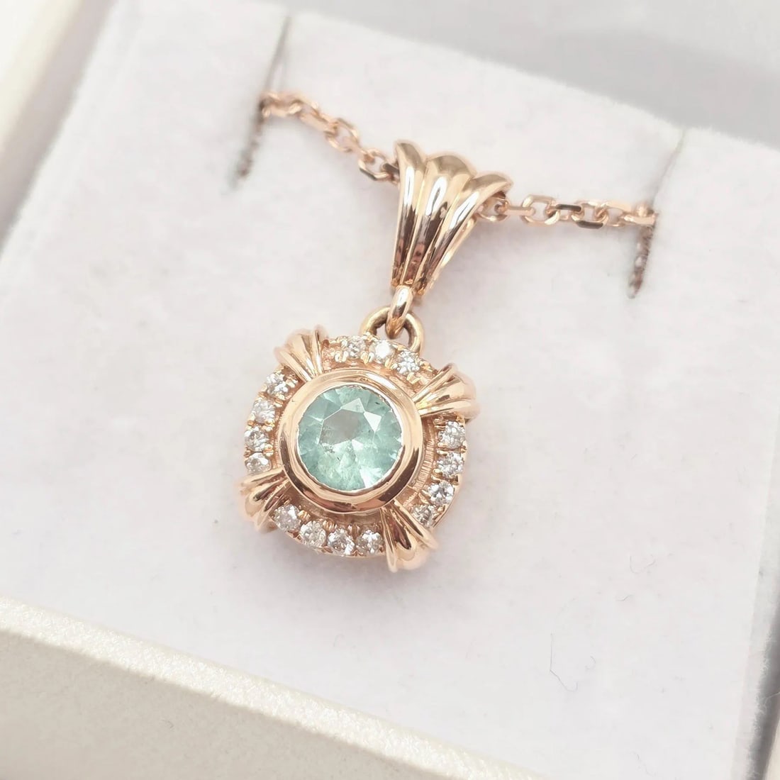 Beautiful Emerald Halo Pendant 0.35ct 14K Rose Gold | Handmade Diamond Necklace | Certified GW: Handmade 14K rose gold emerald & diamond pendant with chain 0.35ct total gemstones, certified by GW, radiating timeless elegance and luxury for gifting or special occasions.Elevate your style with thi