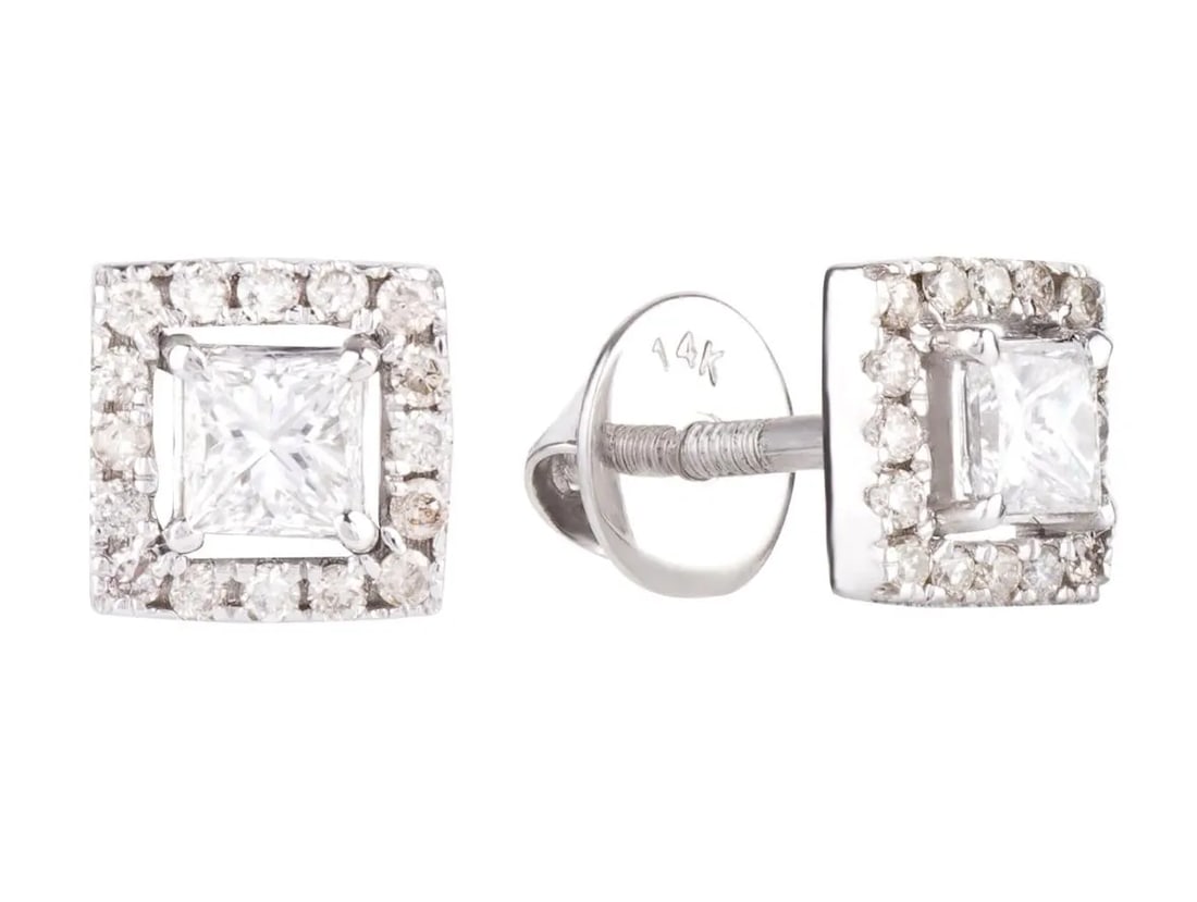 14K White Gold Diamond Earrings 0; 0.63ct Natural Princess & Round Cut: Elegant 14K white gold earrings featuring natural princess-cut diamonds framed by sparkling round diamonds. A refined handmade design offering timeless everyday luxury.A pair of earrings that feel lig