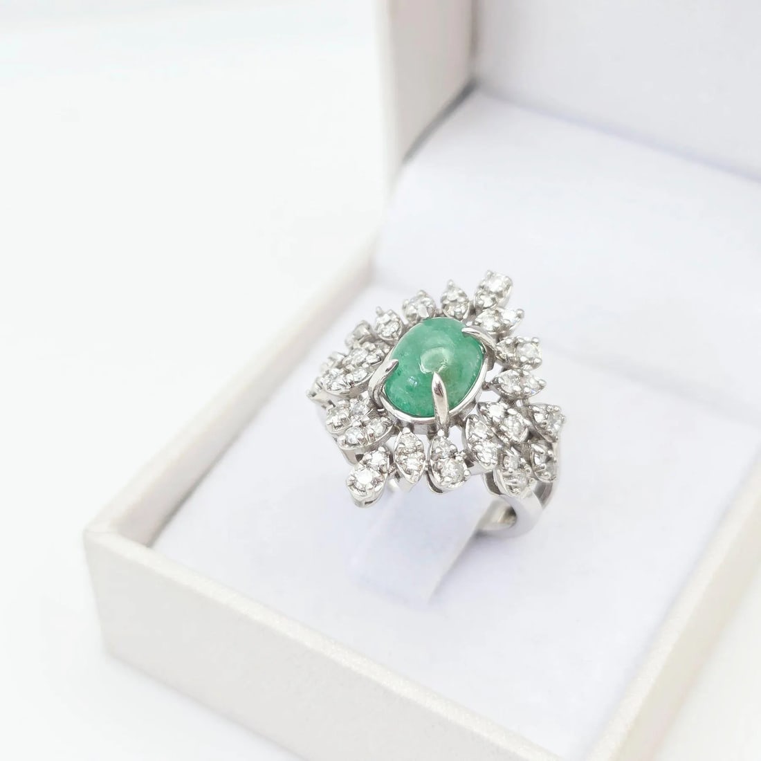 Magnificent Natural Cabochon-Shaped Emerald & Diamond Ring in 14K White Gold (1 of 13)