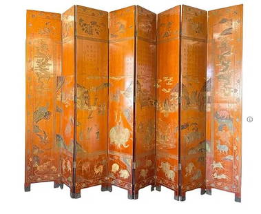 19th Century Chinese Carved Eight Panel Screen: Late 19th C Chinese Carved Room Divider Eight (8) Panels, Depiction of the Immortal/Gods and the creation of life. This piece is finely carved and stained, depicting the Immortals surrounded by animal