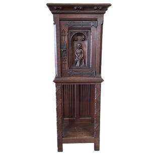 Belgian Oak Vestry Cabinet Late 19th C: Belgian Oak Vestry Cabinet, Late 19th C, Carved Front Cabinet, Lower Shelf, Crown Molding, Latch Front Cabinet door19" x 14"x 51.5"