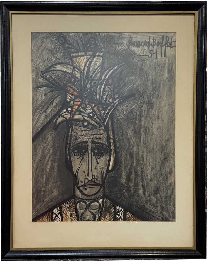 Bernard Buffet (1928-1999) "The Native", 1951: Bernard Buffet (1928-1999) "The Native", 1951, from the Carnival Clown Series, Numbered 289/300 Signed Lithograph upper right hand, matted, framed and under glass. 24" x 30"