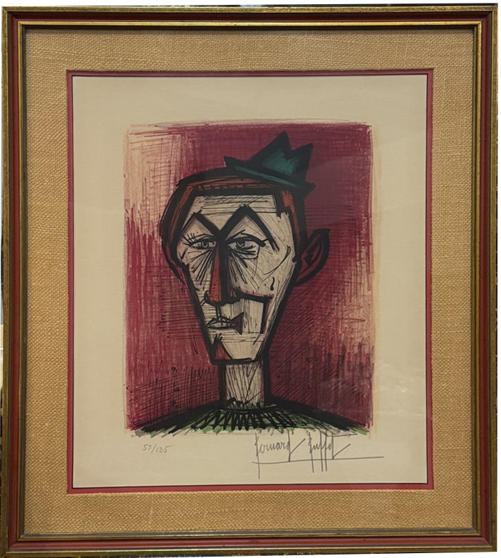 Bernard Buffet (1928-1999) "The Clown", 1951: Bernard Buffet (1928-1999) "The Clown", 1951, from the Carnival Clown Series, Pencil numbered 51/125 lower left, Signed Lithograph, Lower right, matted, framed, and under glass. 20" x23"