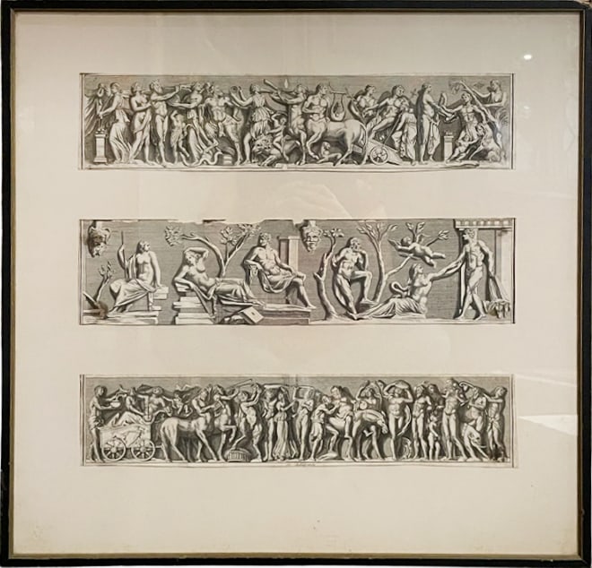 18th Century Italian Etchings of Roman Gods "Admiranda": 18th Century Italian Etchings of Roman Gods "Admiranda". Measures 22.5" x 22.5".