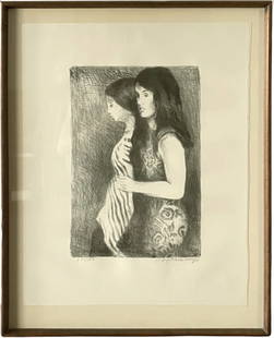 Raphael Soyer "Two Girls" Signed & Numbered Lithograph 1934: Raphael Soyer, "Two Girls," framed & signed lithograph, 1934, numbered 64/100. Measures approx. 24.5" x 18.5".