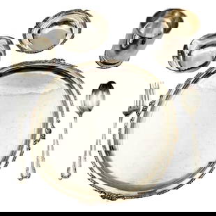 Indian Pure Silver Traditional Thali Set, One (1) Service: Indian Pure Silver Thali Set, One (1) Service, Marked, Five Pieces. Total 904.11 g. Plate 470 g. Cup 130.77 g. Fork 55.29 g. Spoon 61.04 g. Bowl 70.55 g. Bowl 116.46 g