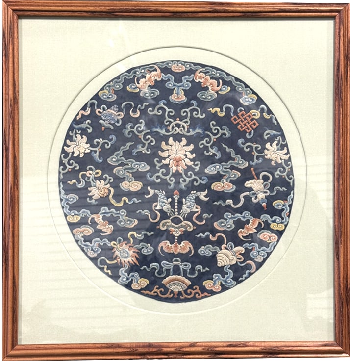 Chinese Qing Dynasty Lotus and Carp Silk Rondo: Chinese Qing Dynasty(1644–1911) Lotus and Carp Silk Rondo, these textiles were often gifted to newly married women, depicting happiness and fertility. Matted under silk and glass-framedMeasures 16"