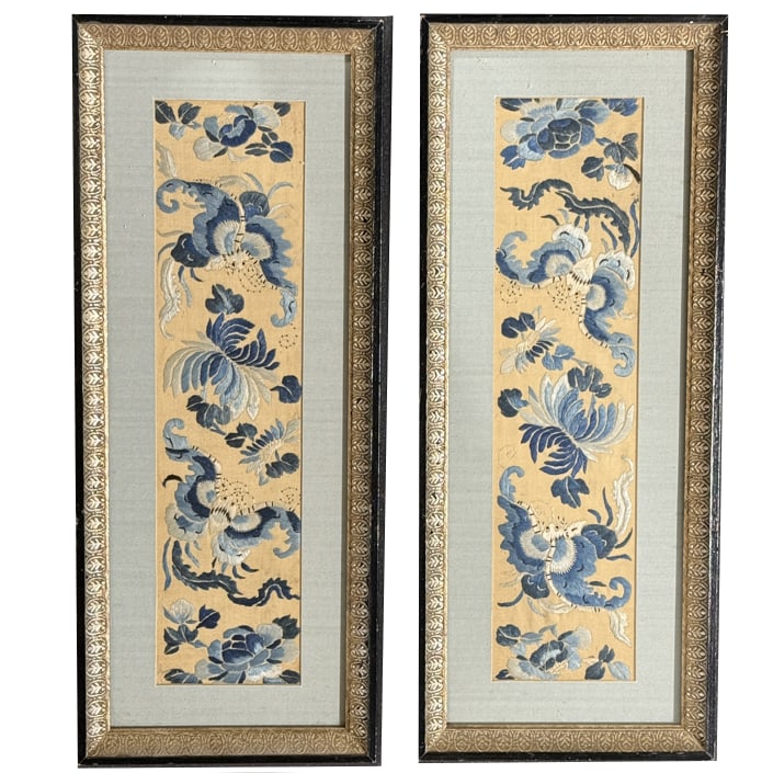 Qing Dynasty Chinese Embroidered Silk Sleeve Panels: Qing Dynasty Chinese Embroidered Silk Sleeve Panels, Luna Moth embroidered design, Measurements: Framed and under glass 17" x 7" Items may be previewed at our Gallery Tuesday - Friday 10:00- 5:00. The