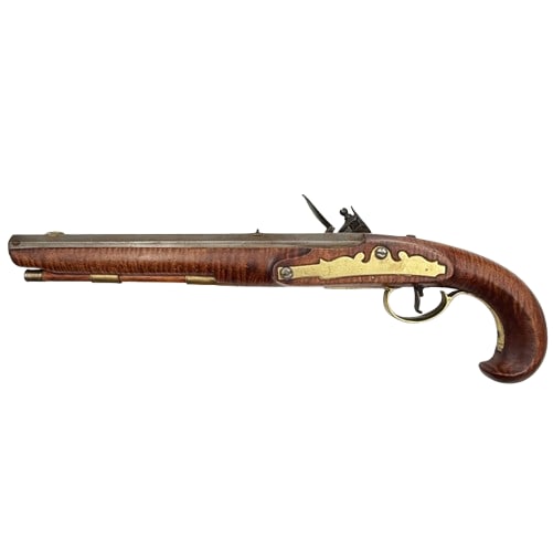 Flint Lock Pistol, American, Early 19th Century: Flint Lock Pistol, American, Early 19th Century, Tiger Maple Stock, White metal Fittings with Brass, Marked Warrented, Untested, Decorative purposes onlyItems may be previewed at our Gallery Tuesday -