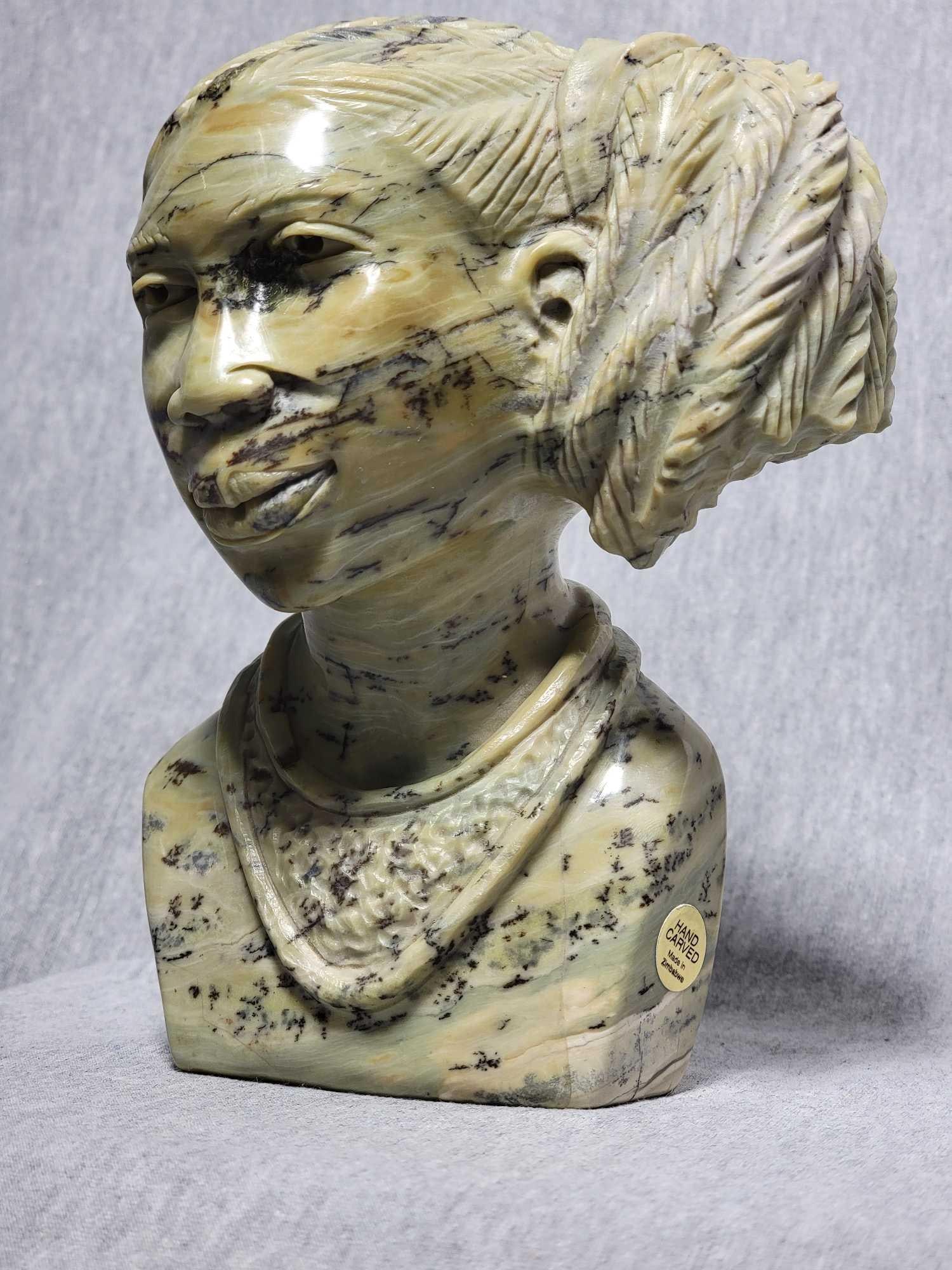 Shona Butter Jade Bust of a Woman. SIGNED by Artist E.C. Ndoro. Zimbabwe Sculpture from the Shona: Shona Butter Jade Bust of a Woman. SIGNED by Artist E.C. Ndoro. Zimbabwe Sculpture from the Shona Villages. 6 x 5 x 3.5. B3