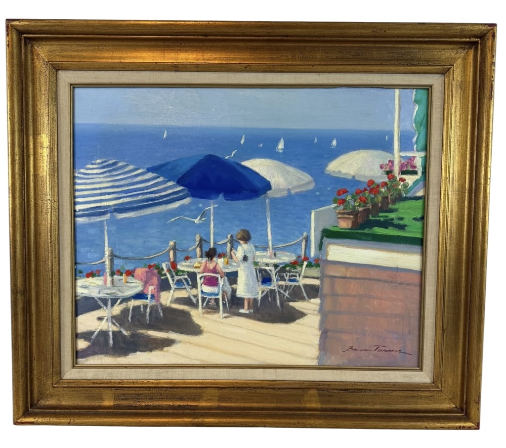 SUMMER BLUE OIL PAINTING BRUCE B TUNER B 1941: This impressionistic oil on stretched canvas, titled Summer Blue, is by the artist Bruce B. Turner. The work depicts a vibrant seaside restaurant scene, identified on the reverse as My Place Restauran