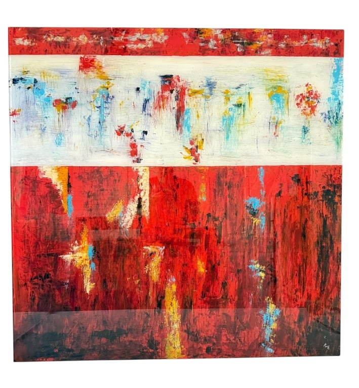 ABSTRACT REVERSE PAINTING ON PLEXIGLAS SIGNED ROTH: Large contemporary abstract reverse painting on Plexiglas by Steele, signed “Roth” or similarly appearing signature at lower right. Executed using a reverse-painting technique in which multipl