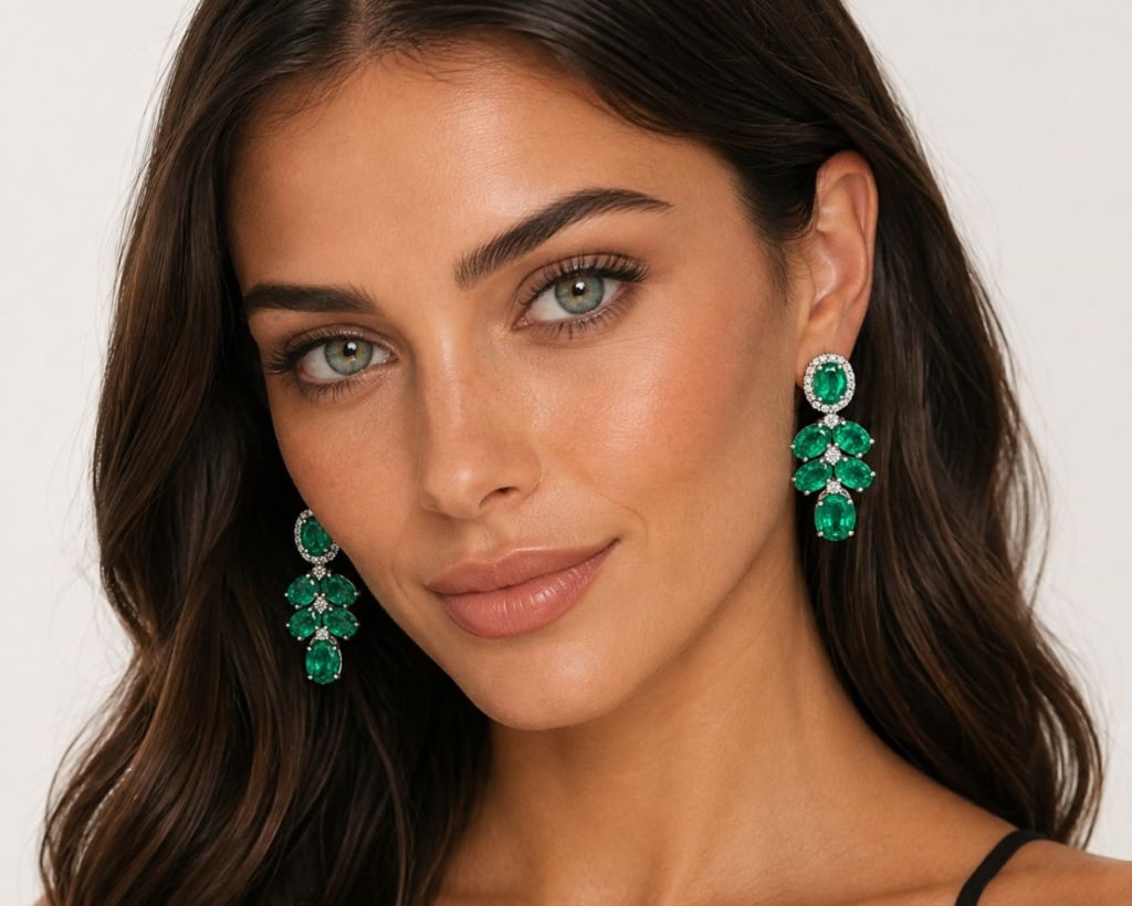 KATY HOLLDAY 10.65CT EMERALD DIAMOND EARRINGS 8G: Pair of Katy Hollday platinum drop earrings set with 12 oval natural emeralds totaling approximately 10.65 carats, accented by 38 round brilliant-cut natural diamonds totaling approximately 0.52 carat