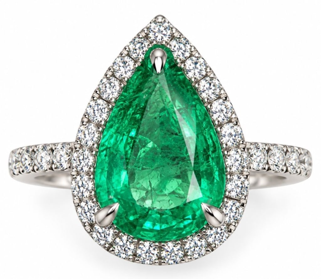 SIGNED 18K GOLD 1.66CT EMERALD & DIAMOND RING 4G: 18 karat white gold ring centered by a pear-shaped natural emerald weighing approximately 1.66 carats, surrounded by a diamond halo with additional diamonds along the shoulders. Accompanying AIGL appr