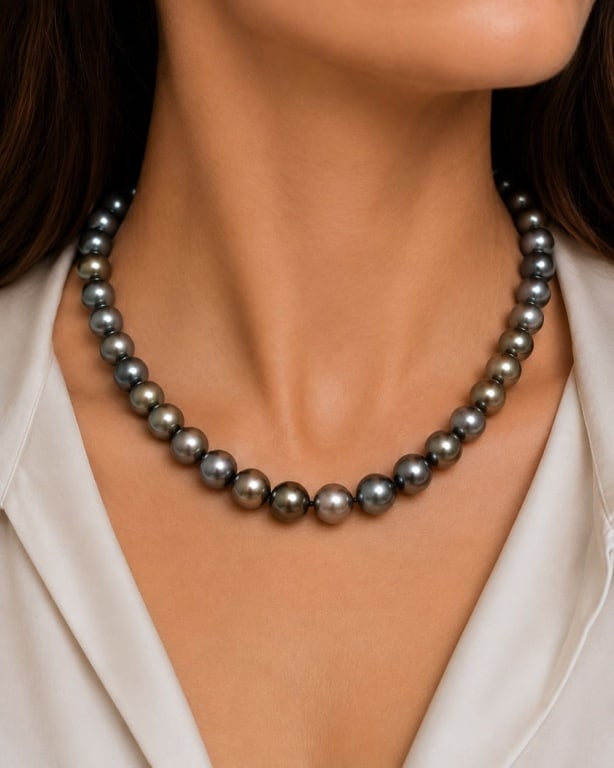 14K WHITE GOLD & TAHITIAN SOUTH SEA PEARL NECKLACE: 14 karat white gold necklace featuring thirty-five cultured South Sea pearls graduating from approximately 11.0 mm to 14.0 mm. The pearls display a rich dark gray to aubergine body color with high lus