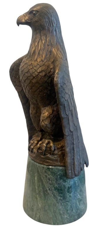 S.A. EFRON HEAVY BRONZE EAGLE SCULPTURE ON MARBLE: S.A. Efron (American, 20th century) cast bronze sculpture depicting a standing bald eagle with detailed plumage, hooked beak, and talons, mounted on a tapered green marble pedestal. Signed “S.A. Efr