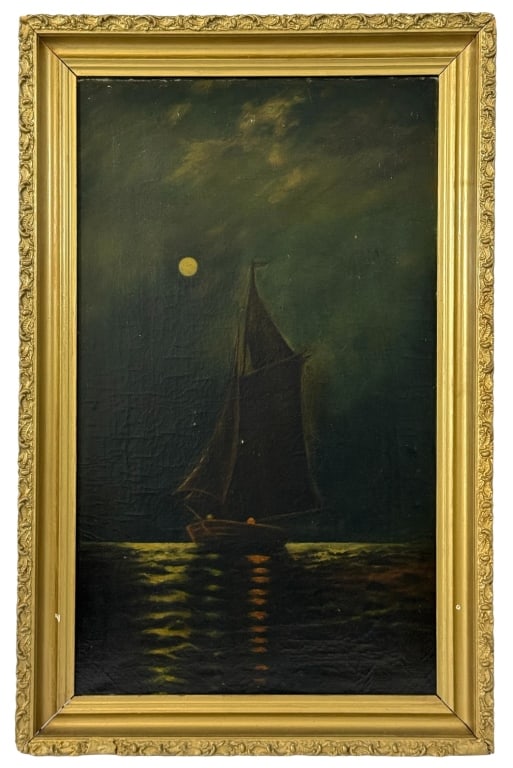 ATTRIBUTED TO ALBERT RYDER SEASCAPE OIL PAINTING: Attributed to Albert Pinkham Ryder (American, 1847 - 1917), marine oil painting on canvas depicting a solitary sailing vessel beneath a luminous full moon, the moonlight reflecting across tranquil wat
