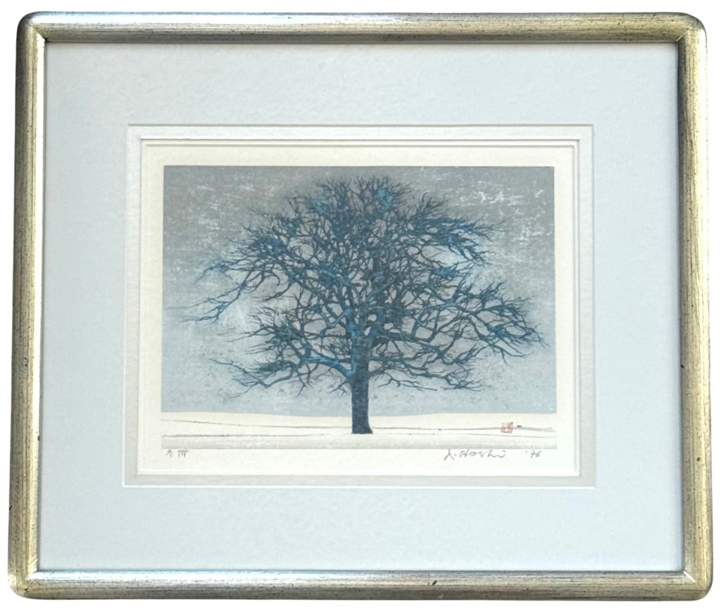 JOICHI HOSHI BRIGHT TREE WOODBLOCK PRINT SIGNED: Joichi Hoshi (1913 - 1979) Japanese woodblock print on paper titled "Bright Tree." The composition depicts a solitary leafless tree rendered in rich blue tones against a softly textured silver-gray ba