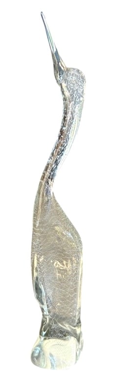 LICIO ZANETTI MURANO ART GLASS HERON SCULPTURE 24": Licio Zanetti (Italian, 1934 - 2018) mid-century hand-blown Murano art glass sculpture depicting a stylized long-necked wading bird, likely a heron, crane or egret. Executed in crystal-clear glass wit