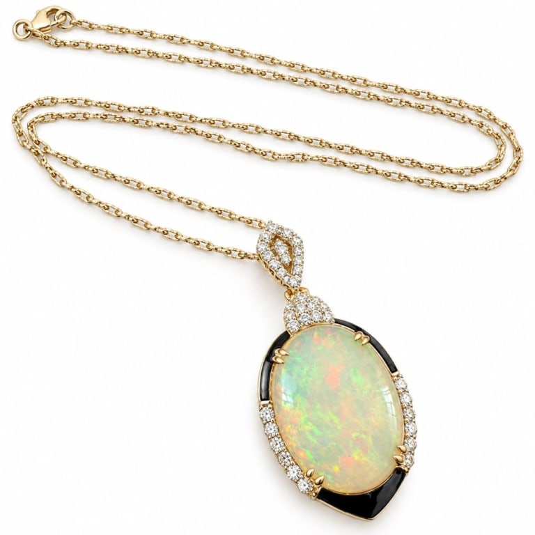 SHEFFIELD & SONS 10.33 CT GIA OPAL DIAMOND PENDANT: Sheffield & Sons pendant crafted in 14 karat yellow gold with contrasting black enamel, centered by a substantial 10.33 carat natural opal of oval double-cabochon form. The translucent white opal disp