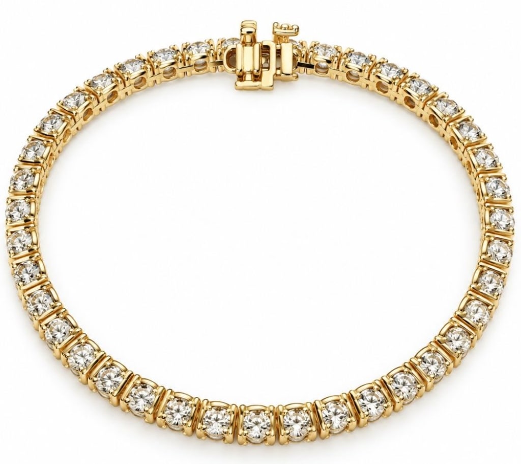 14K YELLOW GOLD 6.38 CTW DIAMOND TENNIS BRACELET: 14 karat yellow gold tennis bracelet set with 50 natural round brilliant-cut diamonds weighing approximately 6.38 carats total. G-H color and SI1-SI2 clarity, with excellent cut, symmetry and polish a