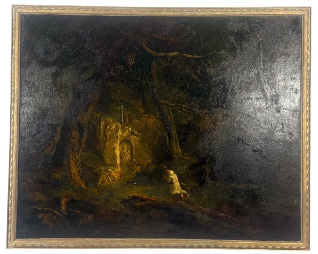 THE OLD HERMIT AT THE SHRINE PAINTING AFTER INNESS: Turn of the century oil painting on canvas executed in the manner after George Inness' (Scottish/American, 1825 - 1894) celebrated landscape The Old Hermit at the Shrine, depicting a solitary monk kne
