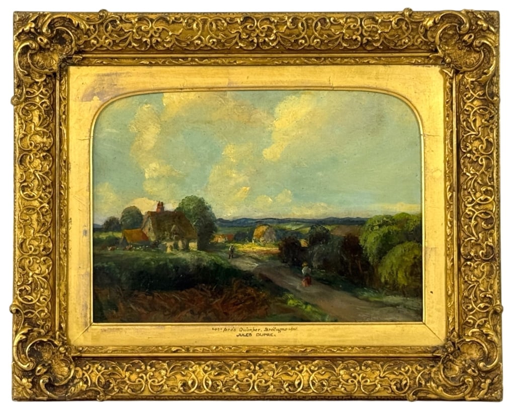 FRENCH LANDSCAPE OIL PAINTING AFTER JULES DUPRE: Oil painting on canvas-board depicting a tranquil French countryside landscape with cottages, figures walking along a country road, and rolling hills beneath an expansive sky. Executed in the Barbizon
