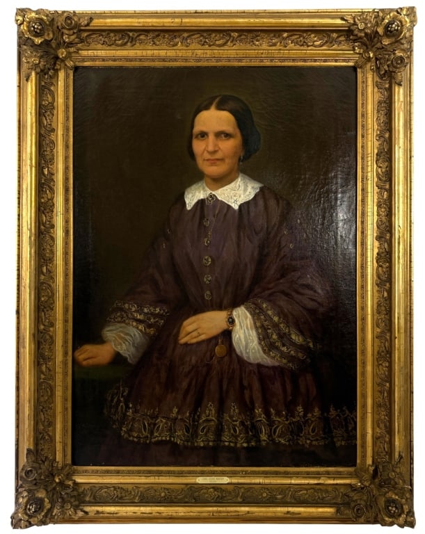CARL GEORG KOSTER 19TH C PORTRAIT PAINTING 44 x 31: Antique oil on canvas portrait depicting a dignified seated woman dressed in a richly detailed burgundy Victorian gown with lace collar and cuffs, adorned with jewelry including a brooch, bracelet, ri