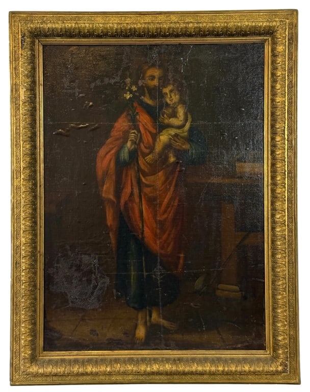 EUROPEAN SCHOOL ST. JOSEPH w/ CHRIST OIL PAINTING: Antique oil painting on board depicting Saint Joseph holding the Christ Child while presenting a flowering lily, a traditional symbol of purity. Executed in a style inspired by Spanish and Italian Bar