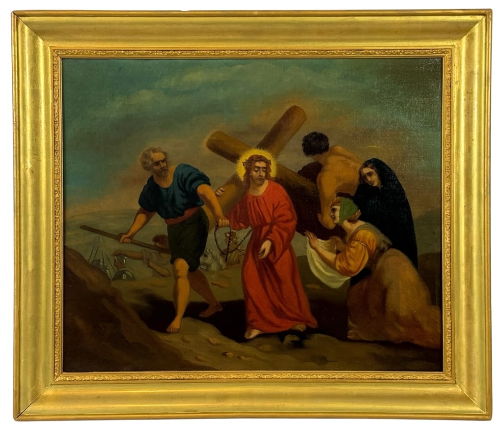 5TH STATION THE CROSS OIL PAINTING AFTER POUSSIN: Late 19th to early 20th-century oil painting on canvas depicting the Fifth Station of the Cross, portraying Simon of Cyrene assisting Christ as He carries the Cross to Calvary while attended by the Vi