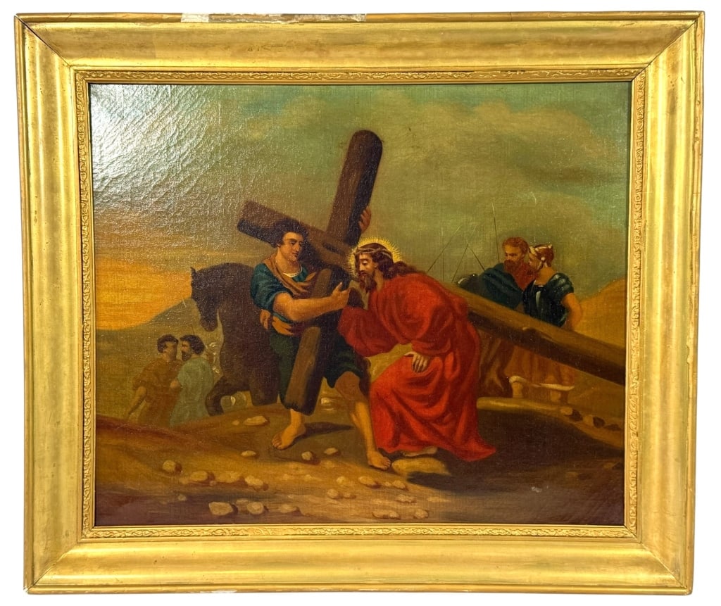 6TH STATION OF THE CROSS PAINTING AFTER POUSSIN: Late 19th to early 20th-century oil painting on canvas depicting The Sixth Station of the Cross, Veronica Wipes the Face of Jesus, after a composition by the French Baroque master Nicolas Poussin (Fra