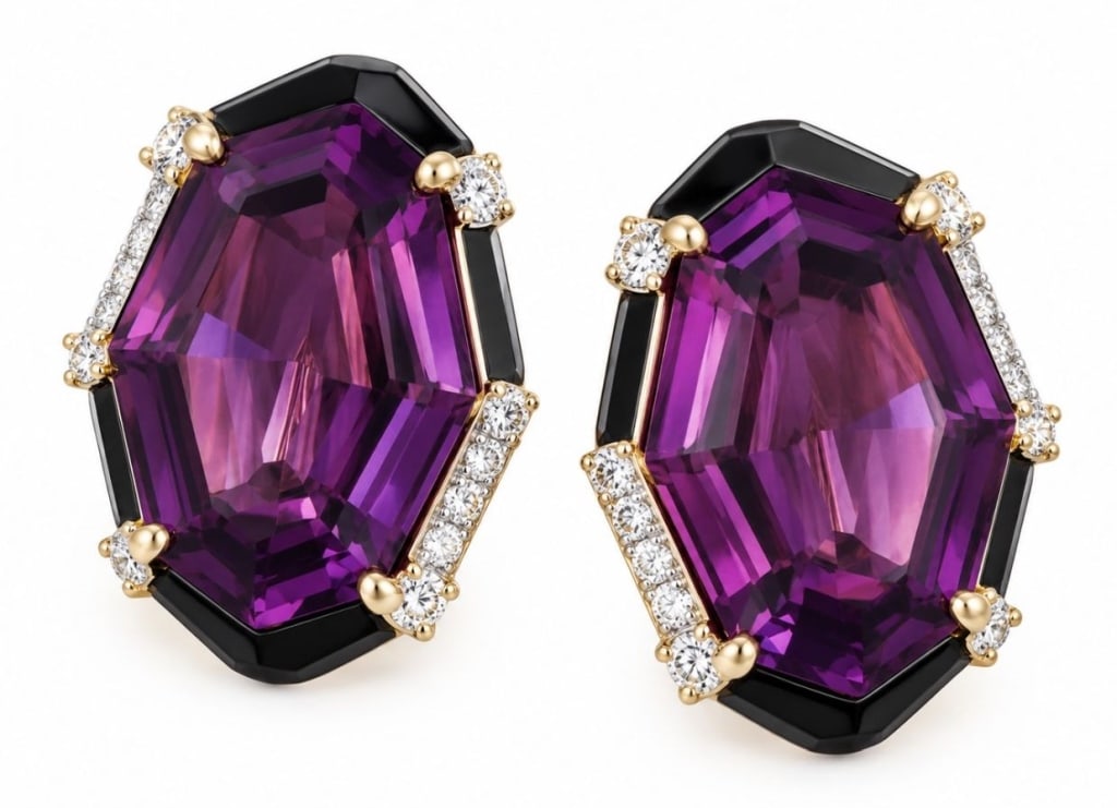 14K GOLD 21.95 CTW AMETHYST DIAMOND EARRINGS 9.5G: Custom-made pair of statement earrings crafted in 14 karat yellow gold, featuring two natural bright purple amethysts weighing approximately 21.48 carats total. The center stones are described as hexa